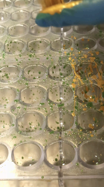 Pipette dripping gold on a dubai chocolate truffle mold